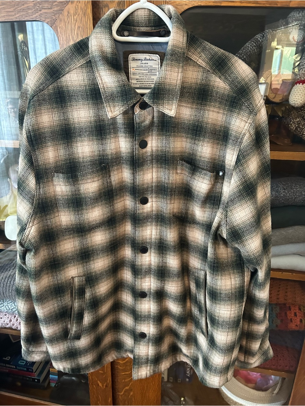 Tommy Bahama Green and Cream Plaid Lightweight Shirt Jacket, Wool Blend